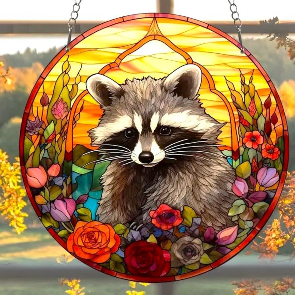 Racoon Suncatcher Hanging Window Wall Animal Flowers Cute Colorful In/Outdoor